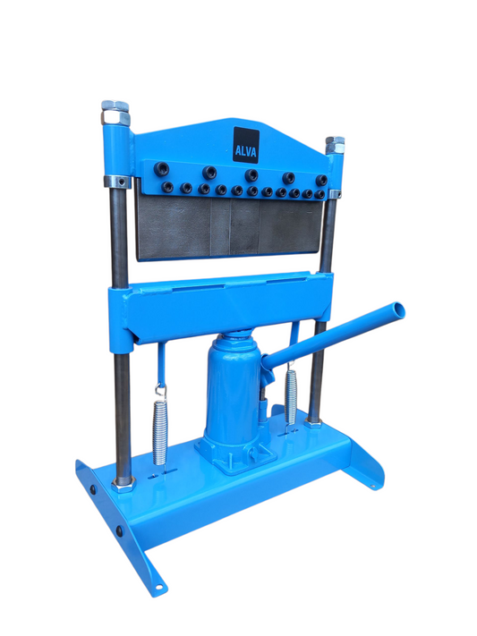 Blue hydraulic press with 'ALVA' branding on a white background